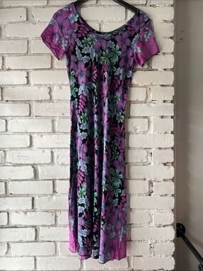 90s vintage Purple Floral Midi Dress with Green Accents
